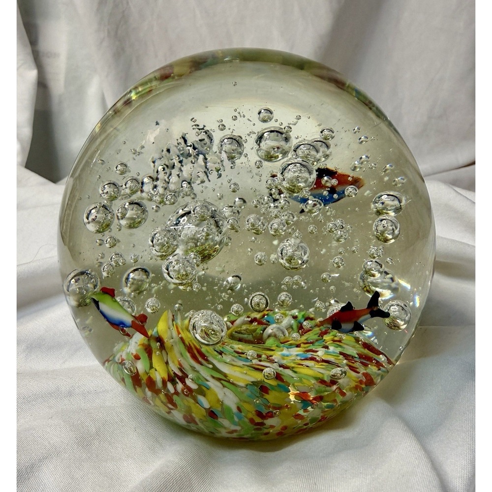 Murano Art Glass Aquarium Ball 4.5" Paperweight Bubble Fish Globe Millefiori